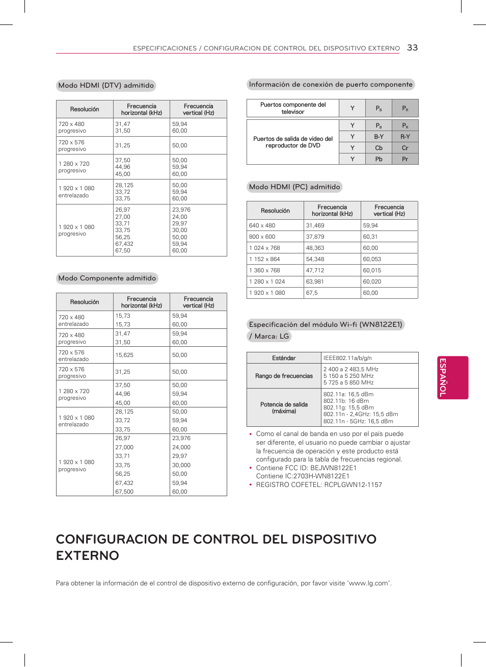 Configuracion de control del dispositivo externo, Español | LG 47LN5700 User Manual | Page 69 / 72