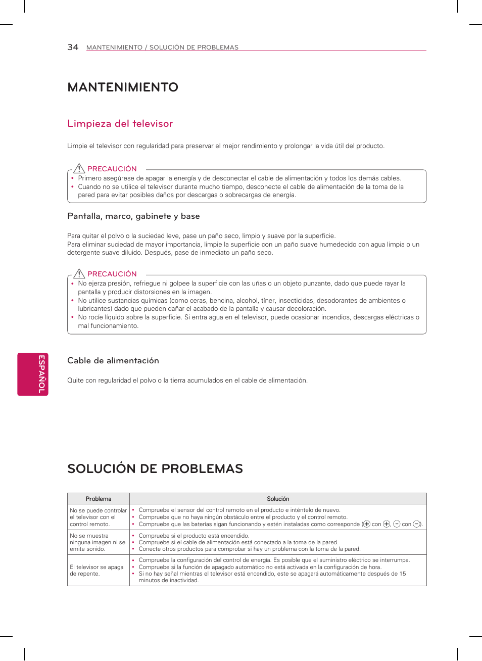 Mantenimiento, Solución de problemas, Limpieza del televisor | Pantalla, marco, gabinete y base, Cable de alimentación | LG 47LN5700 User Manual | Page 70 / 72