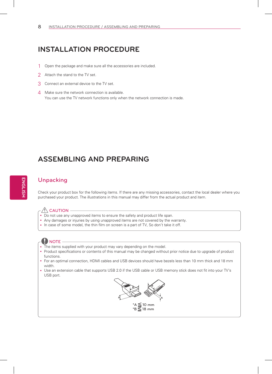 Installation procedure, Assembling and preparing, Unpacking | LG 47LN5700 User Manual | Page 8 / 72