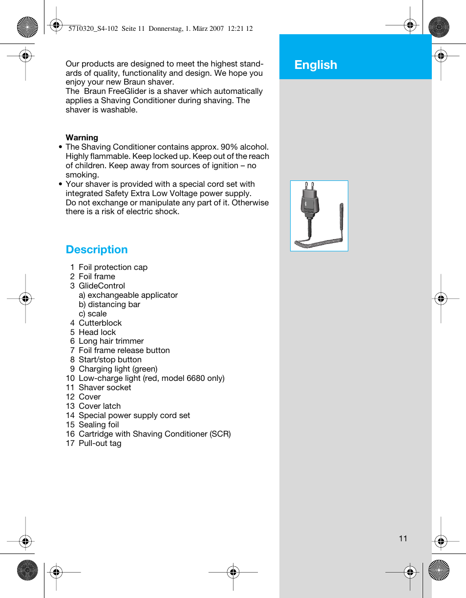 English, Description | Braun 6680 FreeGlider User Manual | Page 11 / 99