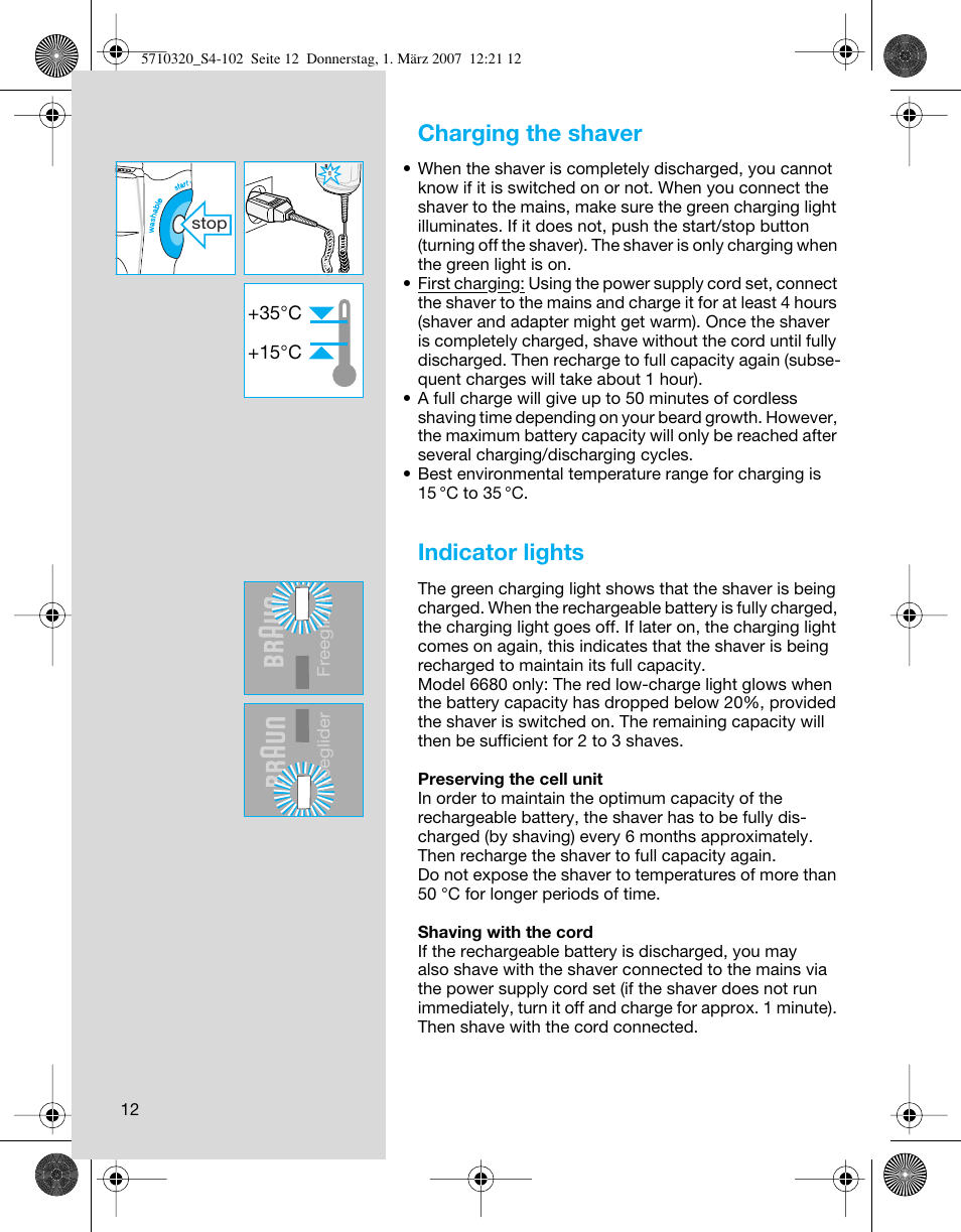 Charging the shaver, Indicator lights | Braun 6680 FreeGlider User Manual | Page 12 / 99