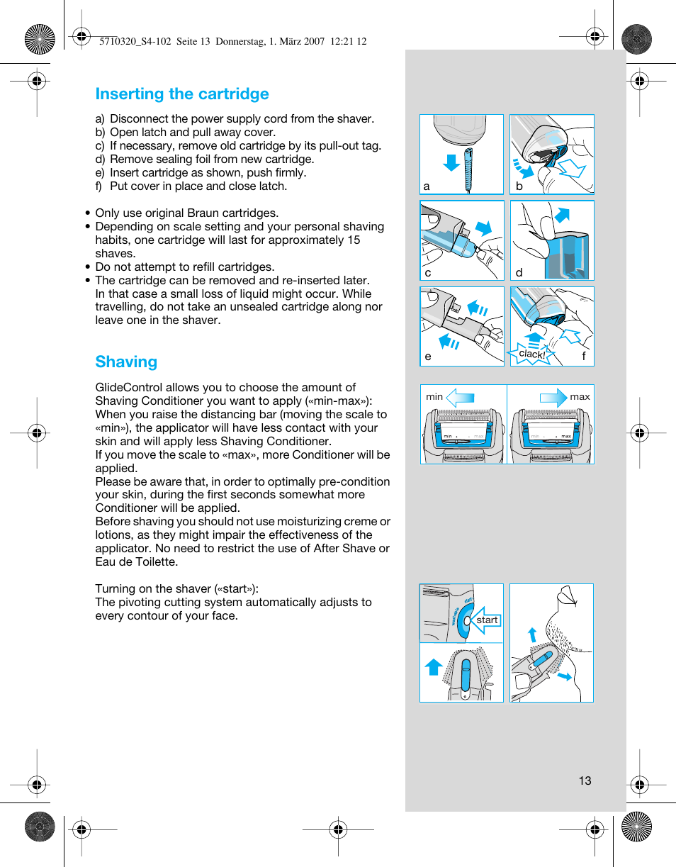 Inserting the cartridge, Shaving | Braun 6680 FreeGlider User Manual | Page 13 / 99