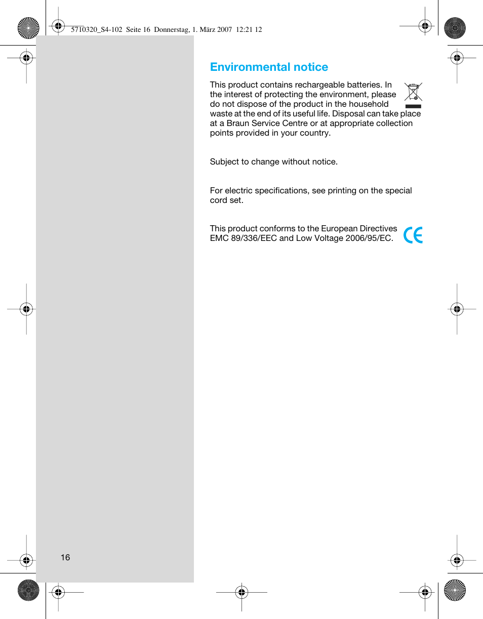 Environmental notice | Braun 6680 FreeGlider User Manual | Page 16 / 99