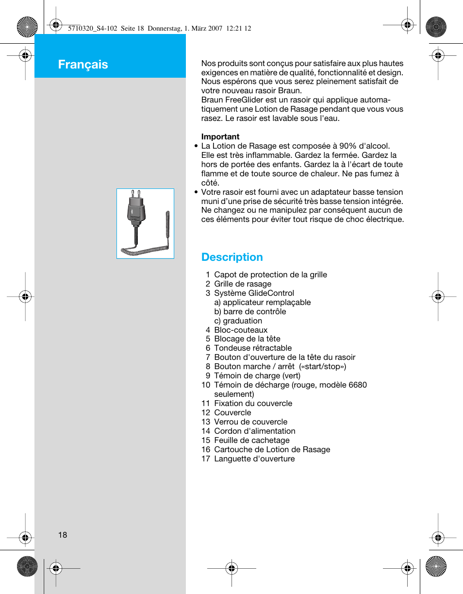 Français, Description | Braun 6680 FreeGlider User Manual | Page 18 / 99