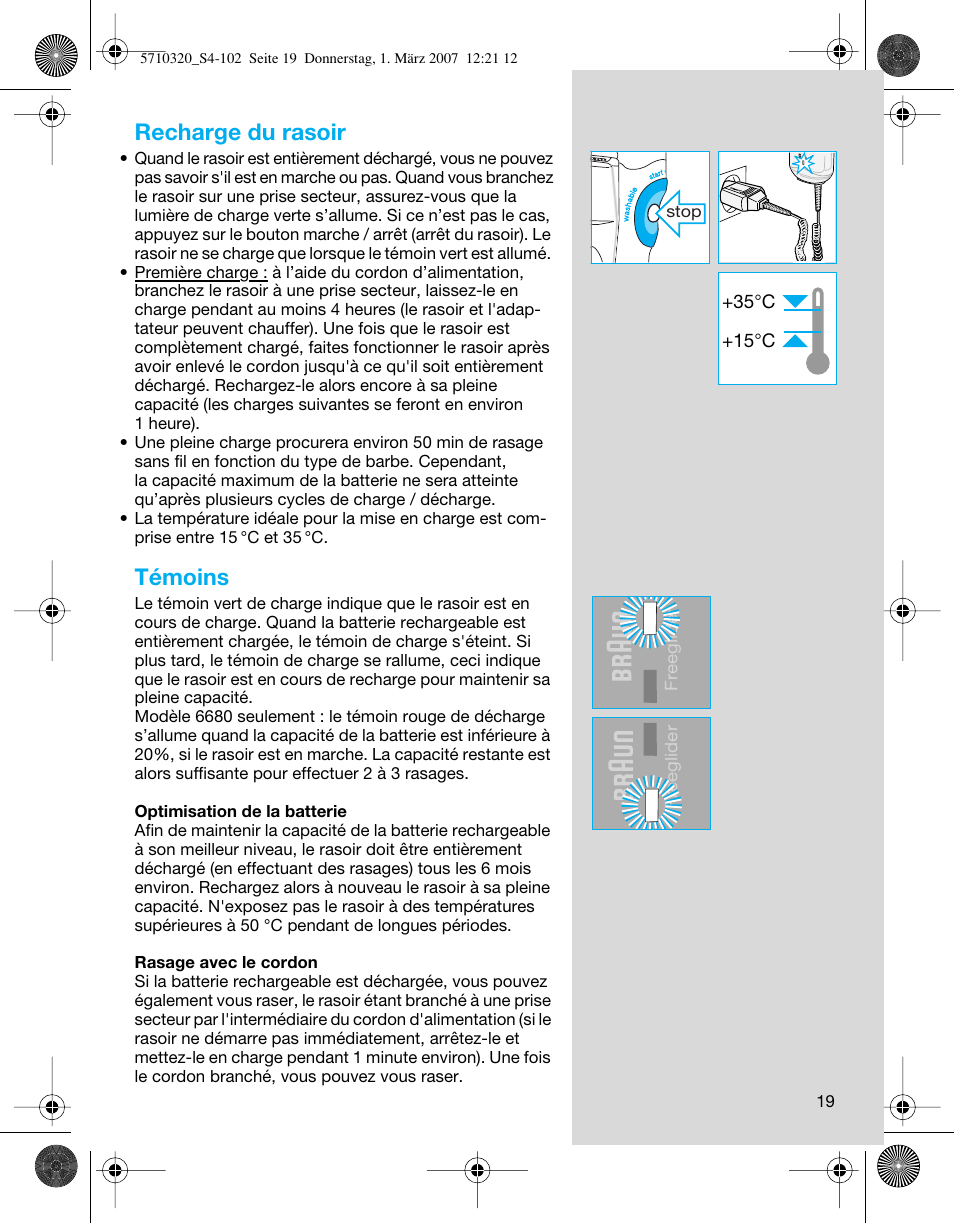 Recharge du rasoir, Témoins | Braun 6680 FreeGlider User Manual | Page 19 / 99