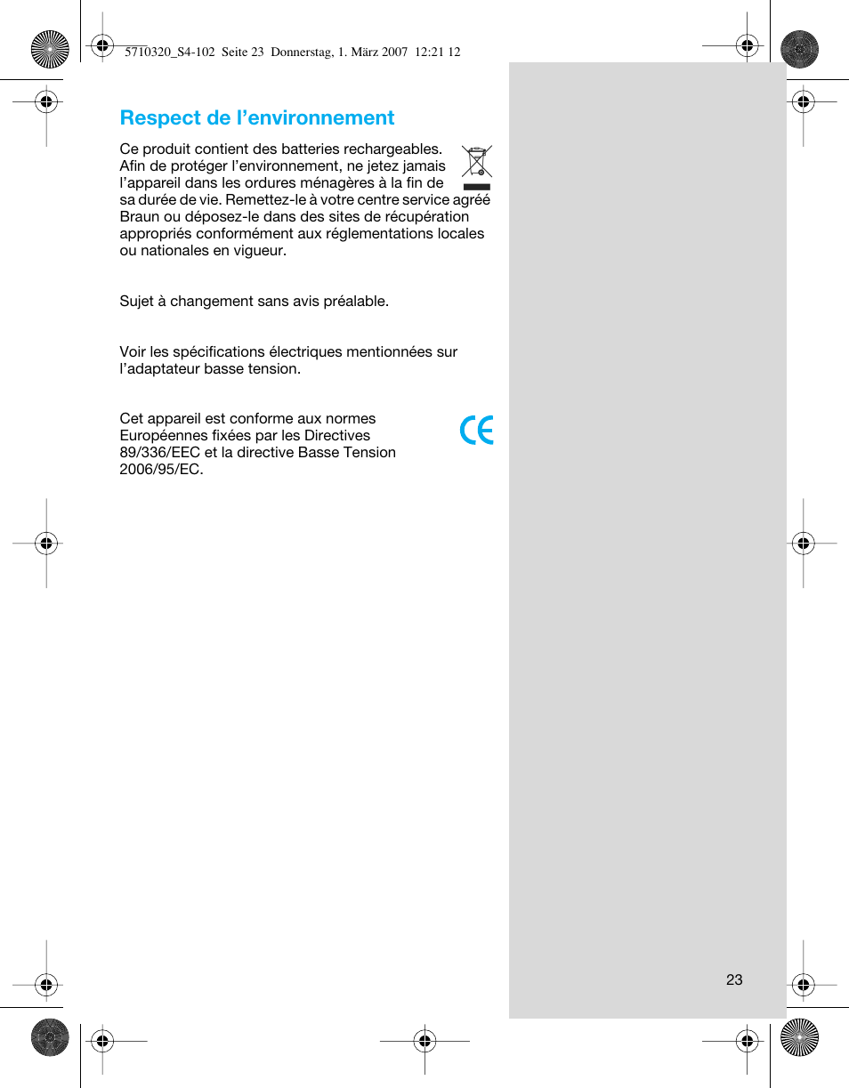 Respect de l’environnement | Braun 6680 FreeGlider User Manual | Page 23 / 99