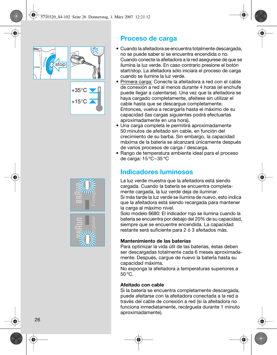 Proceso de carga, Indicadores luminosos | Braun 6680 FreeGlider User Manual | Page 26 / 99