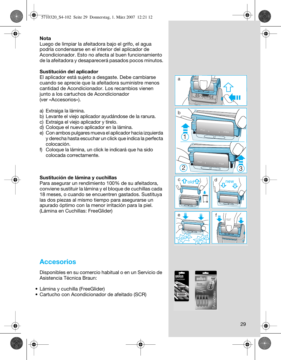 Accesorios, Click, Click! d | Braun 6680 FreeGlider User Manual | Page 29 / 99