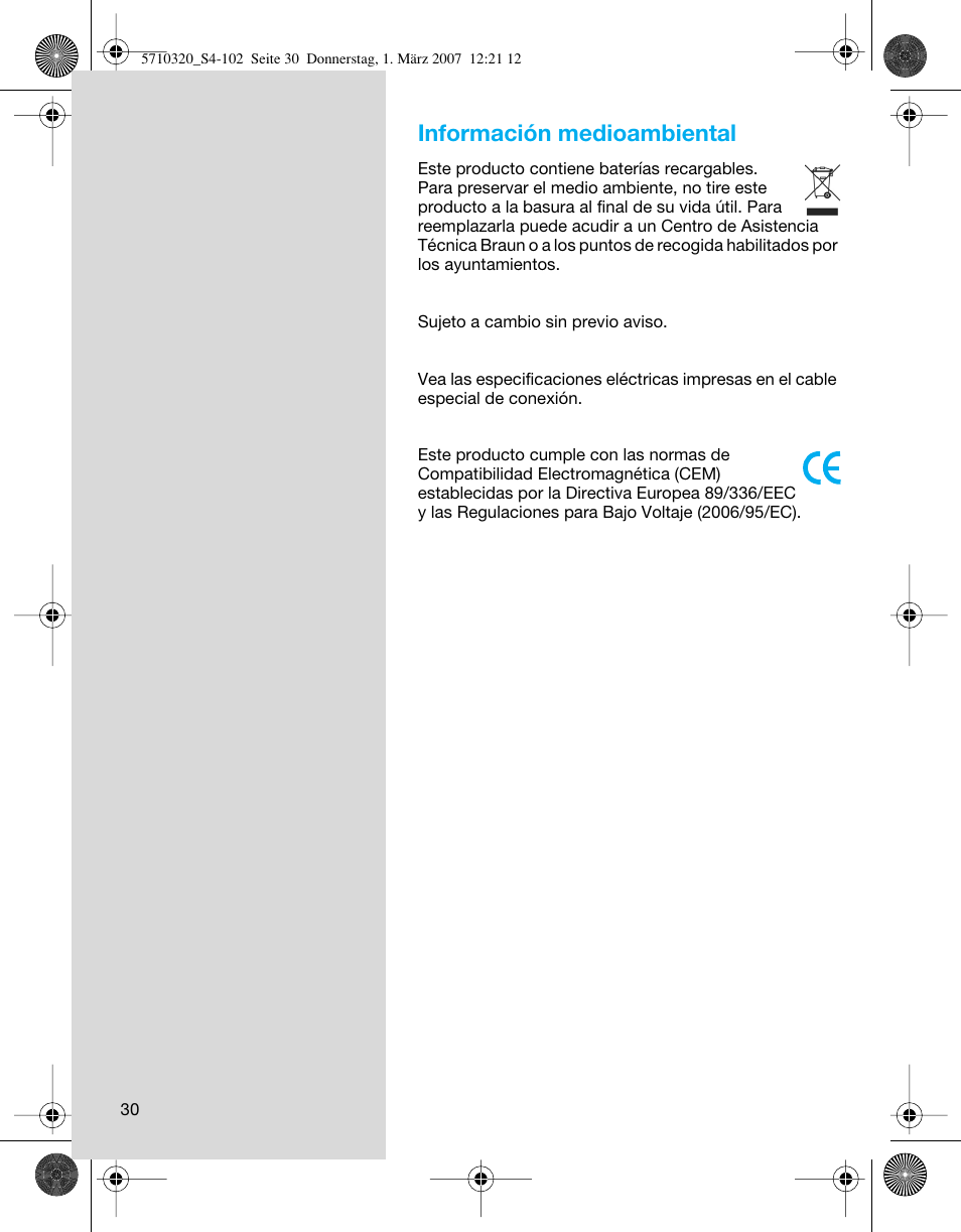 Información medioambiental | Braun 6680 FreeGlider User Manual | Page 30 / 99