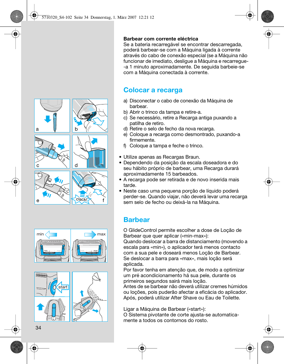 Colocar a recarga, Barbear | Braun 6680 FreeGlider User Manual | Page 34 / 99