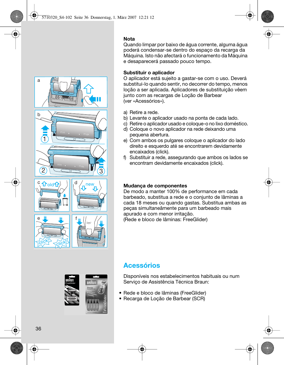 Acessórios, Click, Click! d | Braun 6680 FreeGlider User Manual | Page 36 / 99