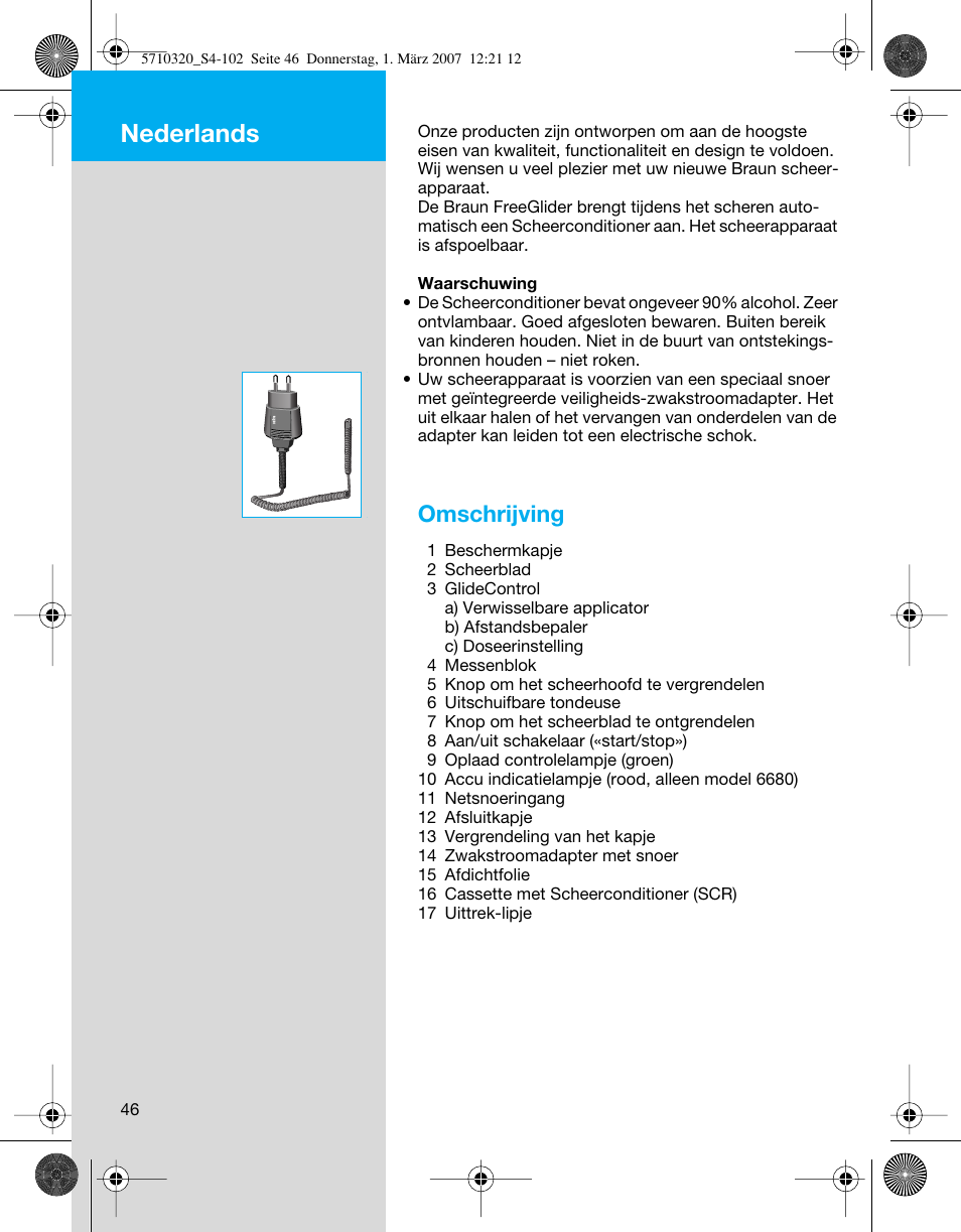 Nederlands, Omschrijving | Braun 6680 FreeGlider User Manual | Page 46 / 99