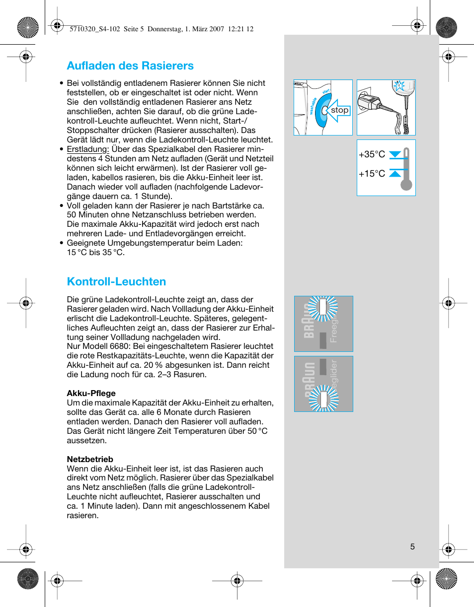 Aufladen des rasierers, Kontroll-leuchten | Braun 6680 FreeGlider User Manual | Page 5 / 99