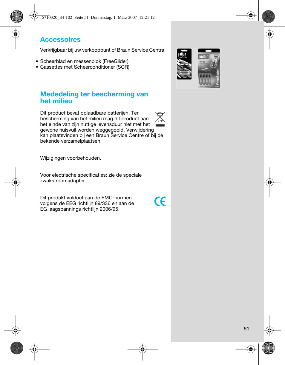 Accessoires, Mededeling ter bescherming van het milieu | Braun 6680 FreeGlider User Manual | Page 51 / 99