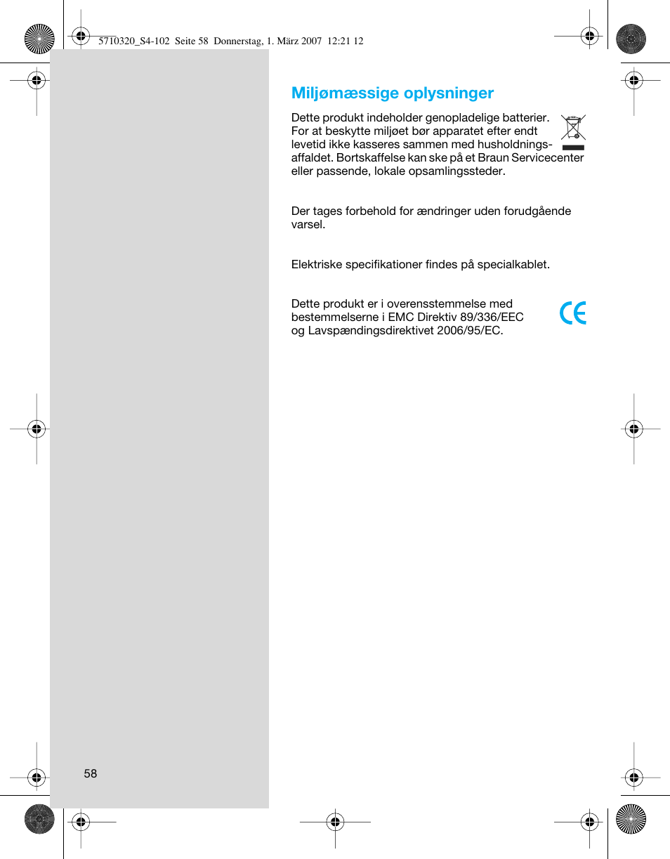 Miljømæssige oplysninger | Braun 6680 FreeGlider User Manual | Page 58 / 99