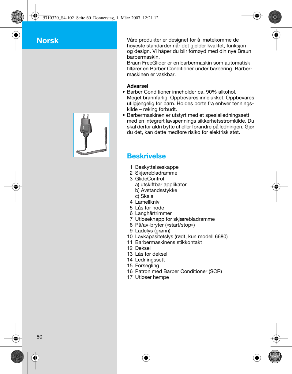 Norsk, Beskrivelse | Braun 6680 FreeGlider User Manual | Page 60 / 99