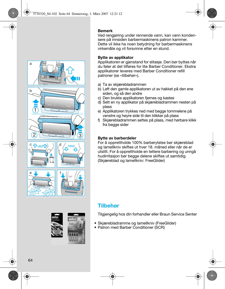 Tilbehør, Click, Click! d | Braun 6680 FreeGlider User Manual | Page 64 / 99