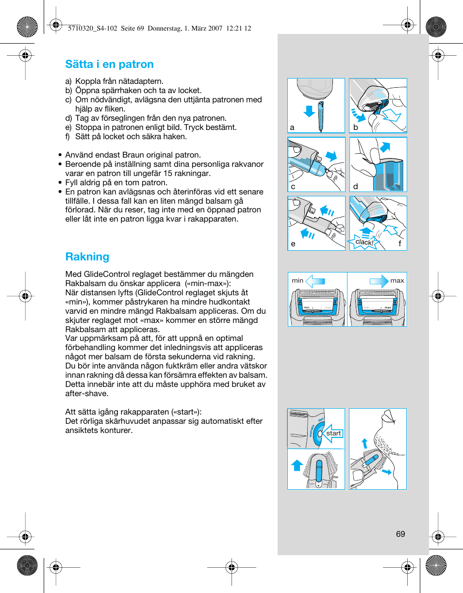 Sätta i en patron, Rakning | Braun 6680 FreeGlider User Manual | Page 69 / 99