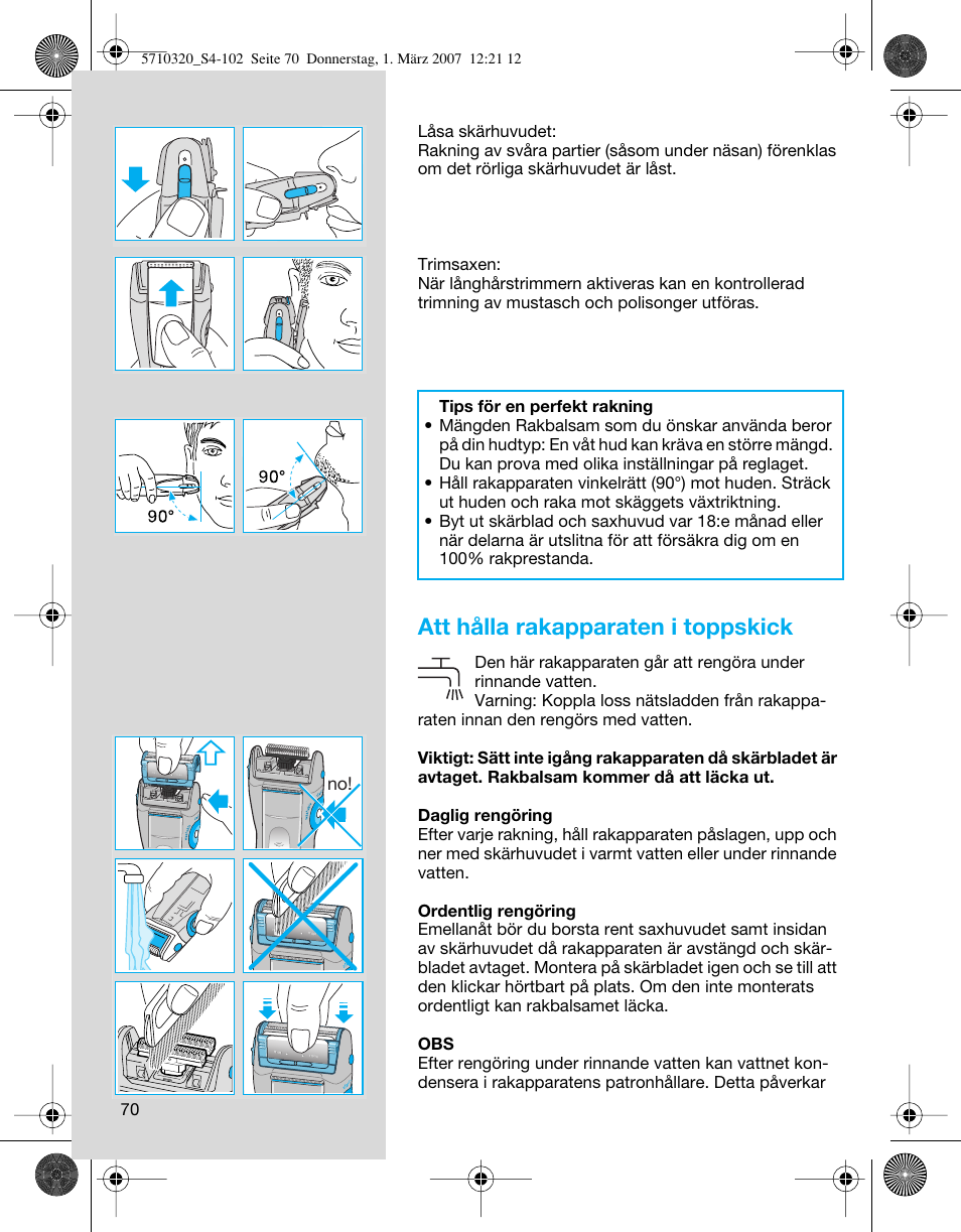 Att hålla rakapparaten i toppskick | Braun 6680 FreeGlider User Manual | Page 70 / 99