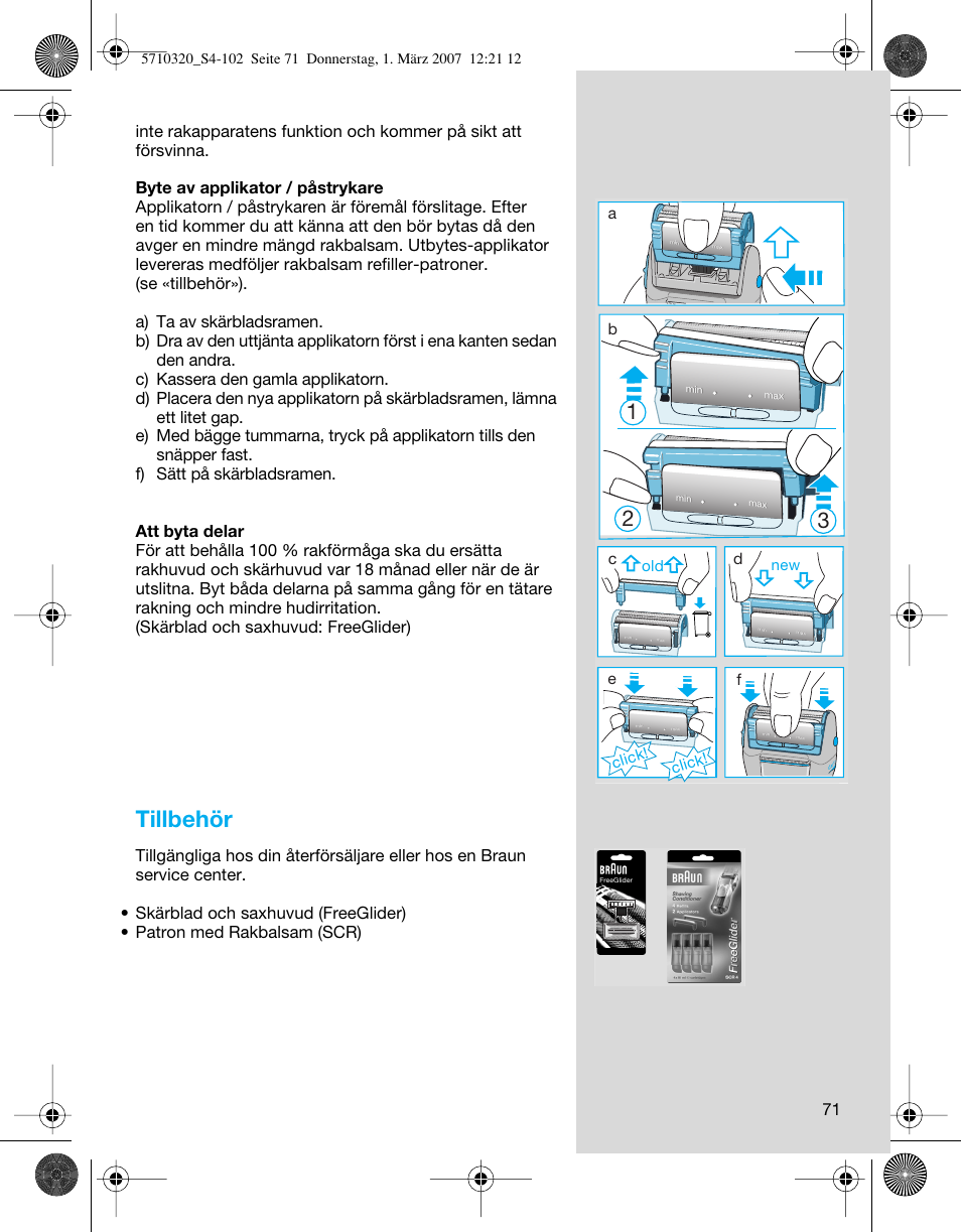 Tillbehör, Click, Click! d | Braun 6680 FreeGlider User Manual | Page 71 / 99