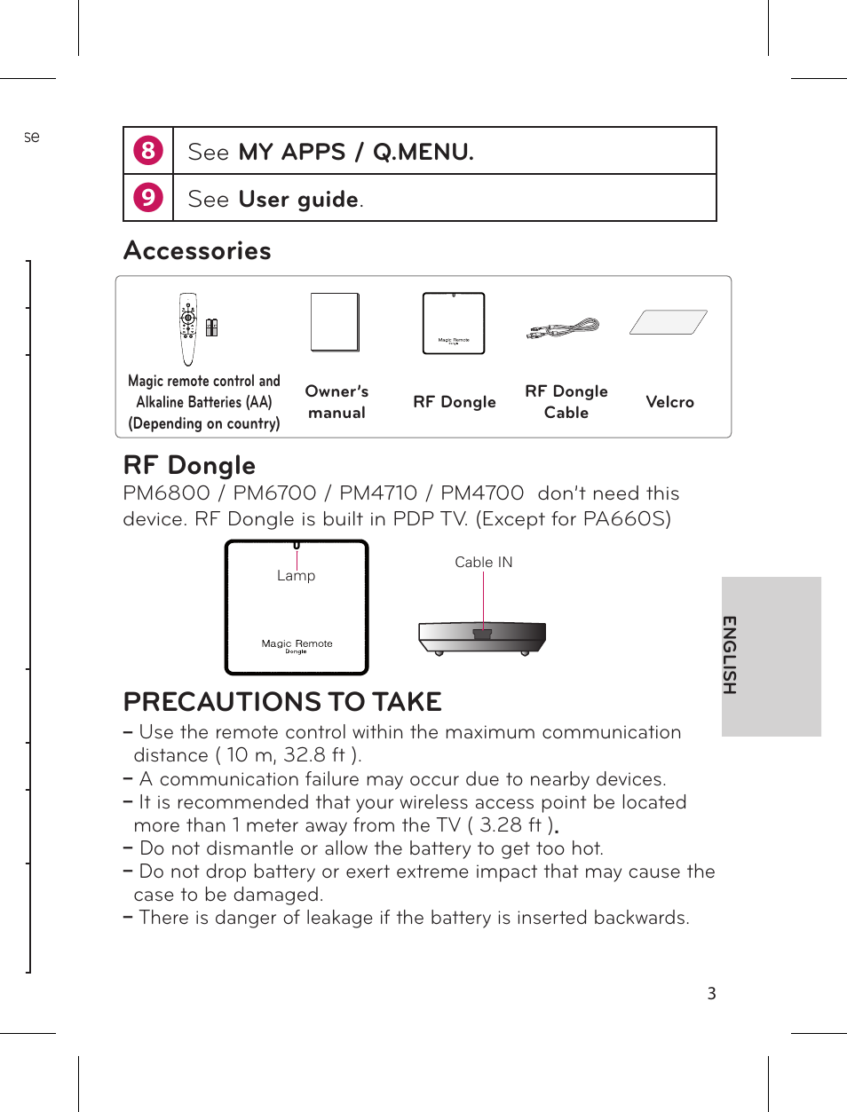 English, Accessories rf dongle, Precautions to take | Remote description | LG AN-MR300 User Manual | Page 3 / 6