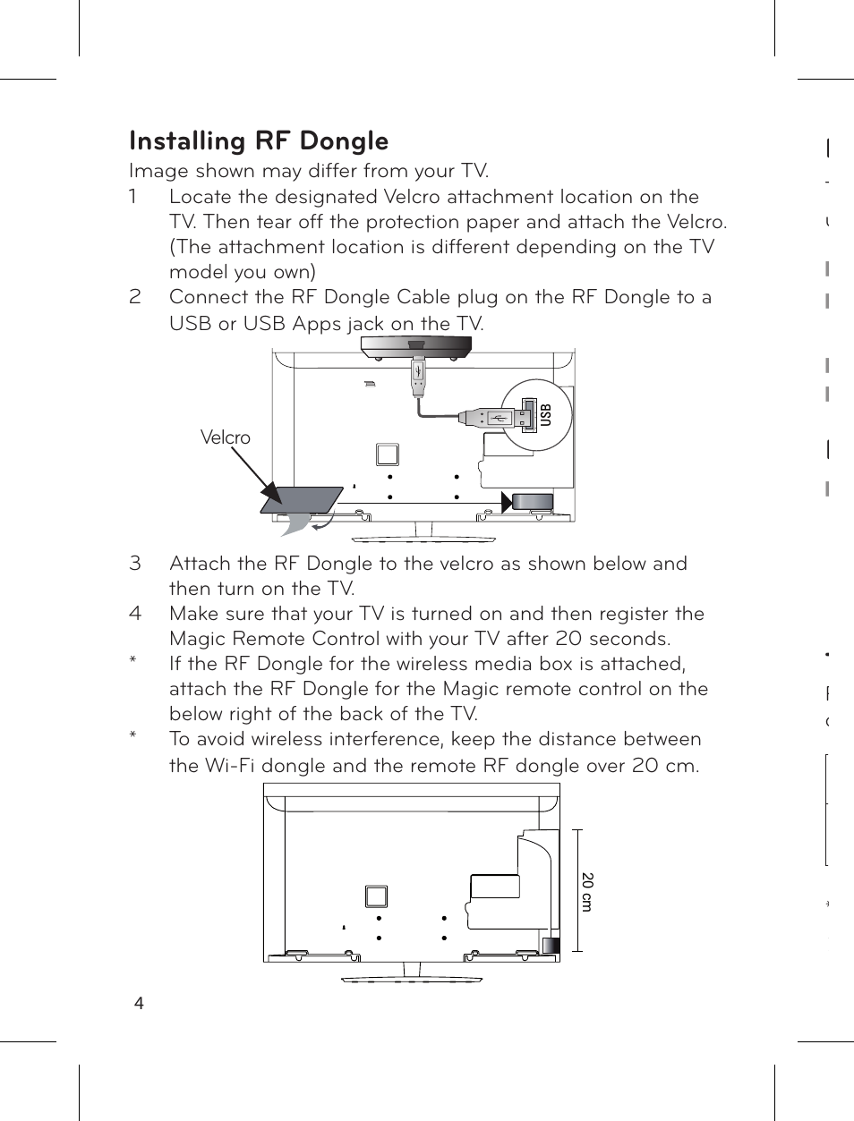 Installing rf dongle, Rf specification, Installing batteries | LG AN-MR300 User Manual | Page 4 / 6