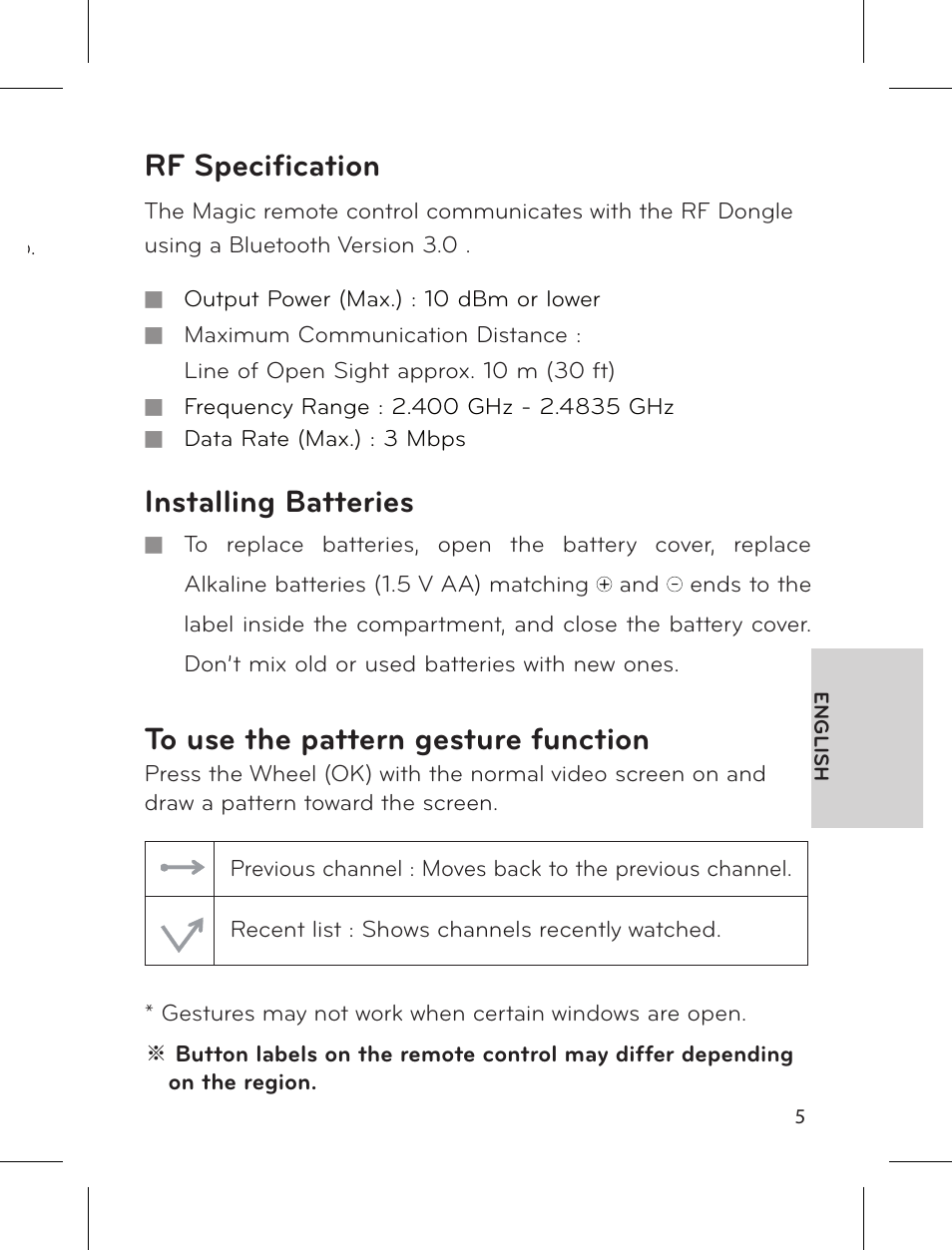 Installing rf dongle, Rf specification, Installing batteries | LG AN-MR300 User Manual | Page 5 / 6