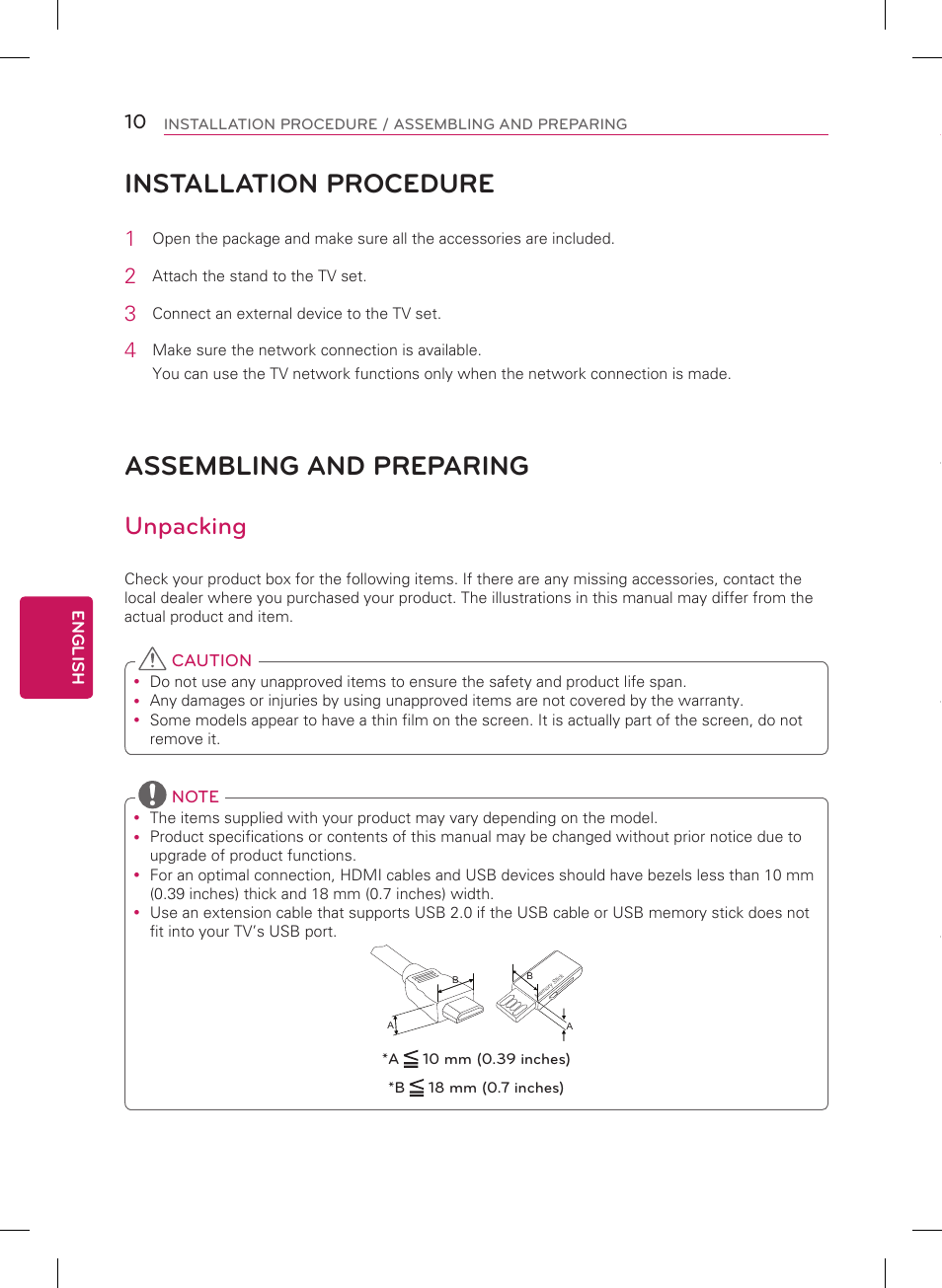 Installation procedure, Assembling and preparing, Unpacking | LG 60PH6700 User Manual | Page 10 / 56