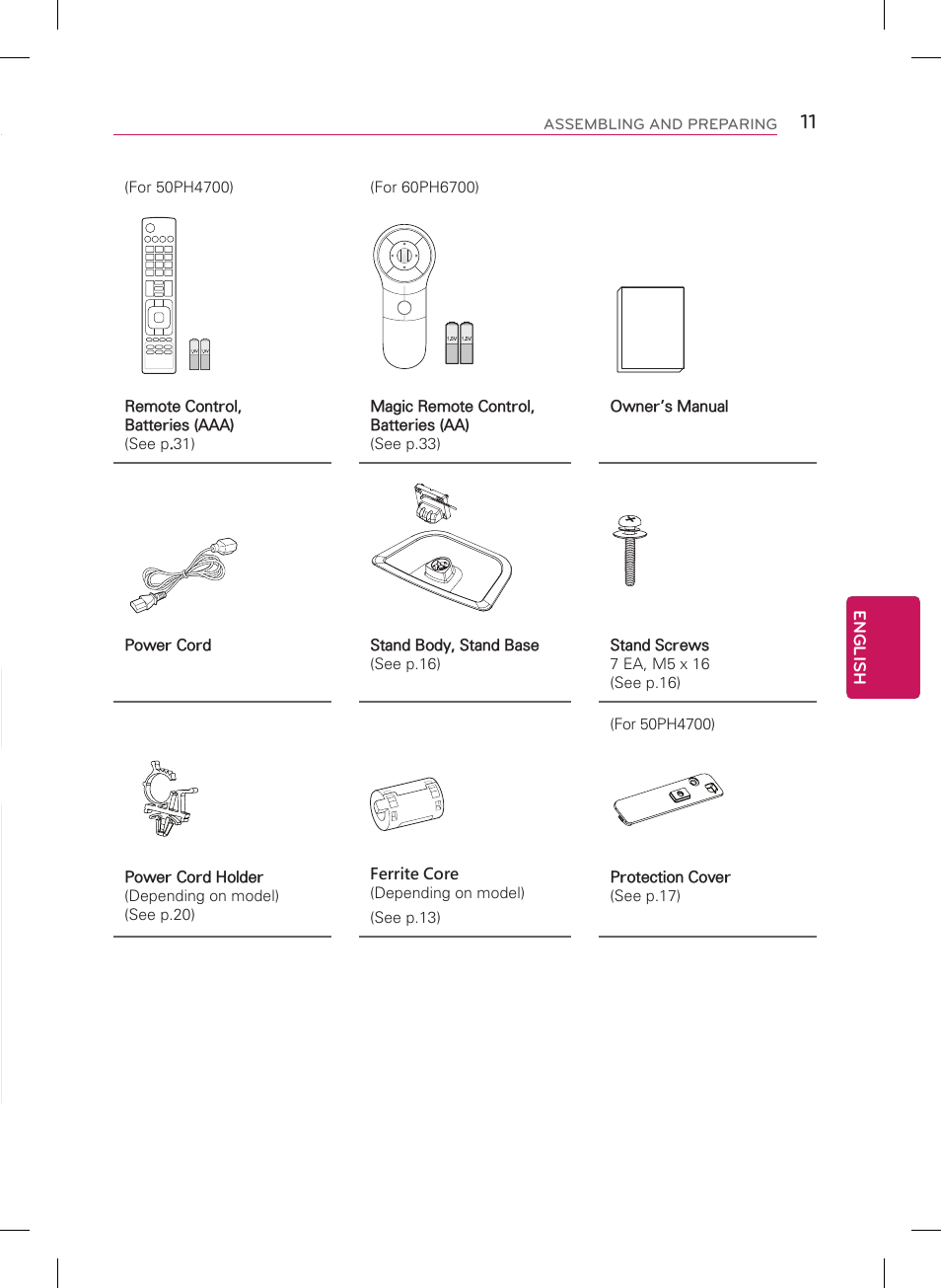 Installation procedure, Assembling and preparing, Unpacking | English | LG 60PH6700 User Manual | Page 11 / 56