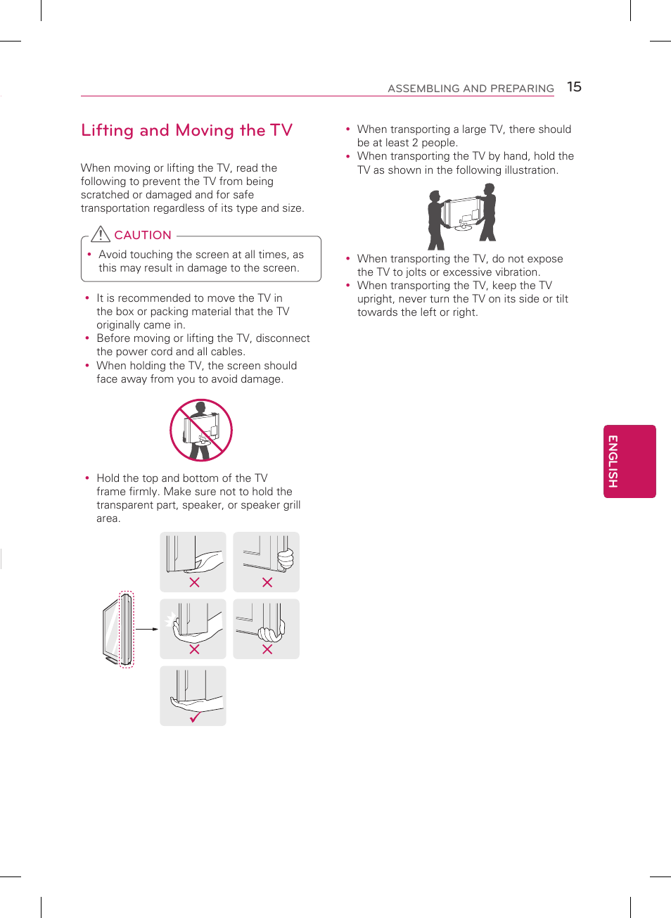 Parts and buttons, Lifting and moving the tv | LG 60PH6700 User Manual | Page 15 / 56