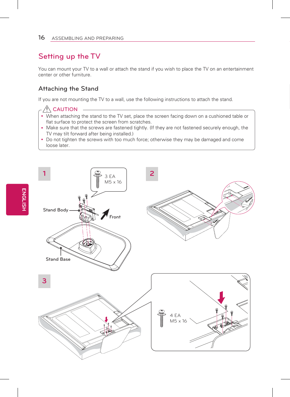 Setting up the tv, Attaching the stand | LG 60PH6700 User Manual | Page 16 / 56
