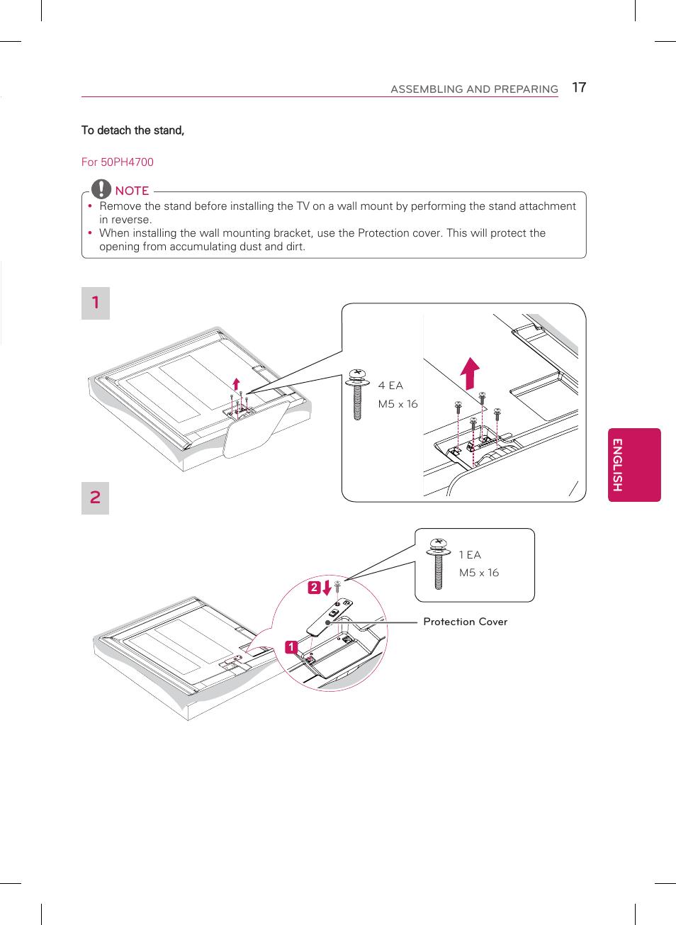 Setting up the tv, Attaching the stand | LG 60PH6700 User Manual | Page 17 / 56