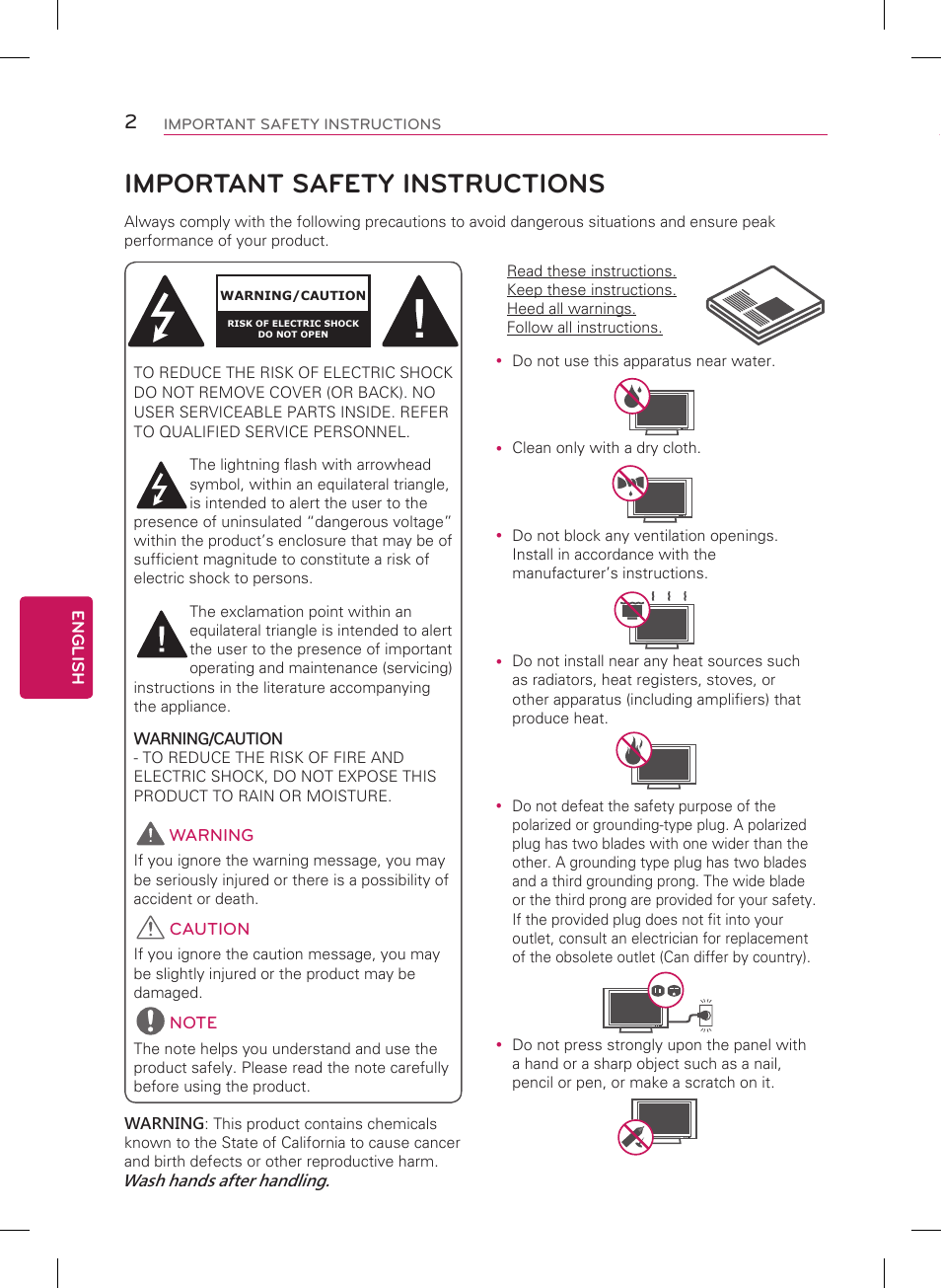 Important safety instructions, English, Warning | Caution | LG 60PH6700 User Manual | Page 2 / 56
