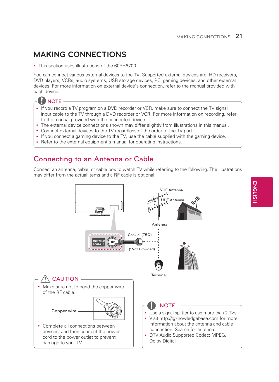 Making connections, Connecting to an antenna or cable, Caution | LG 60PH6700 User Manual | Page 21 / 56