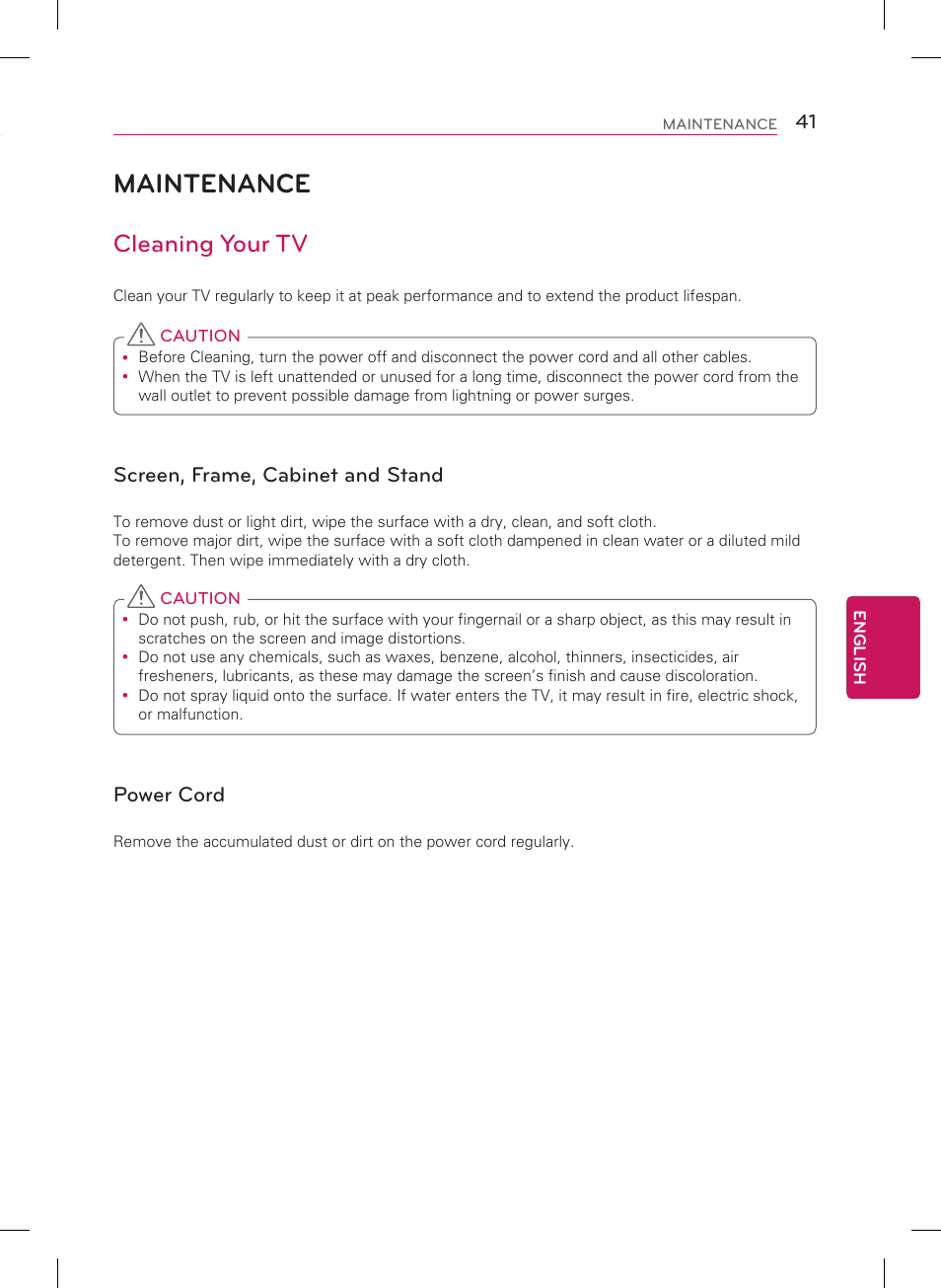 Maintenance, Cleaning your tv, Screen, frame, cabinet and stand | Power cord | LG 60PH6700 User Manual | Page 41 / 56