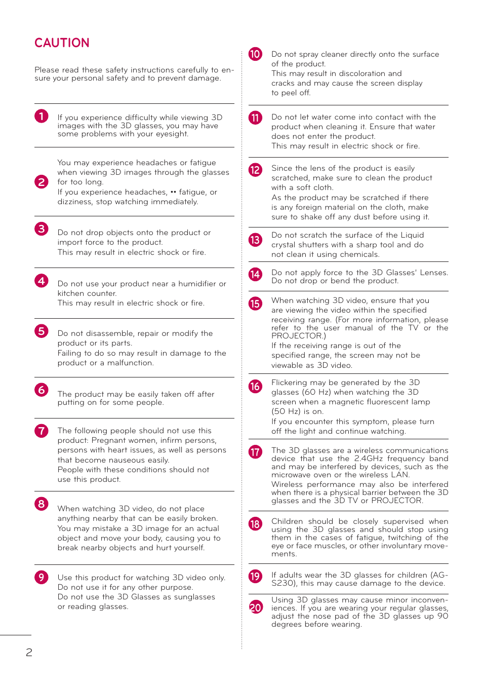 Caution | LG AG-S250 User Manual | Page 2 / 6