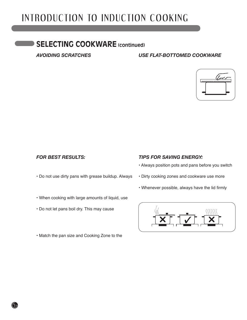 Selecting cookware | LG LSCI307ST User Manual | Page 10 / 64