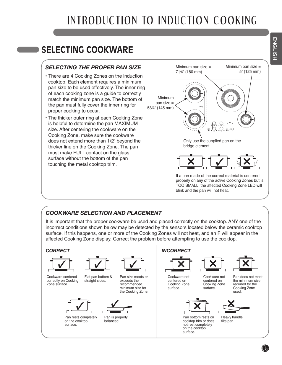 Selecting cookware, English, Selecting the proper pan size | Cookware selection and placement | LG LSCI307ST User Manual | Page 11 / 64