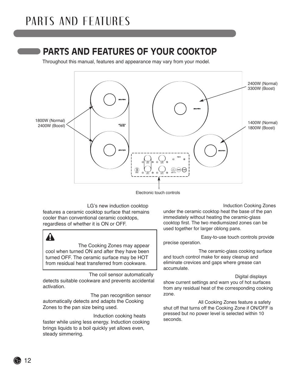 Parts and features of your cooktop, Caution | LG LSCI307ST User Manual | Page 12 / 64