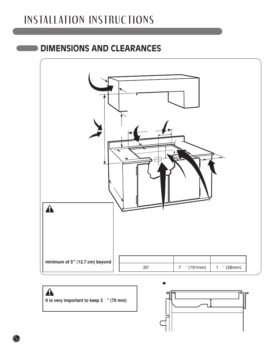 Dimensions and clearances, Caution | LG LSCI307ST User Manual | Page 22 / 64