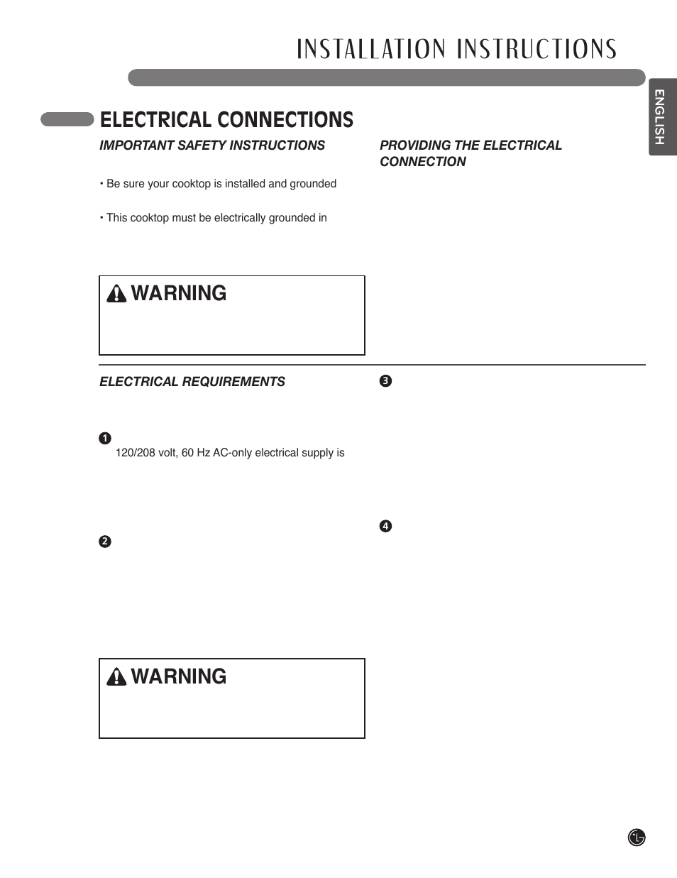 Electrical connections warning, Warning | LG LSCI307ST User Manual | Page 23 / 64