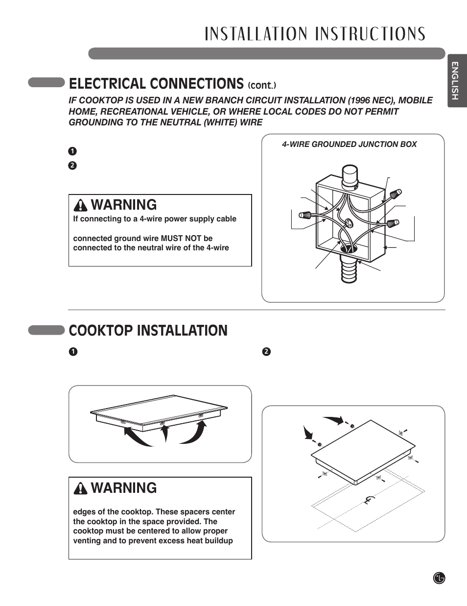 Electrical connections, Cooktop installation warning, Warning | LG LSCI307ST User Manual | Page 25 / 64