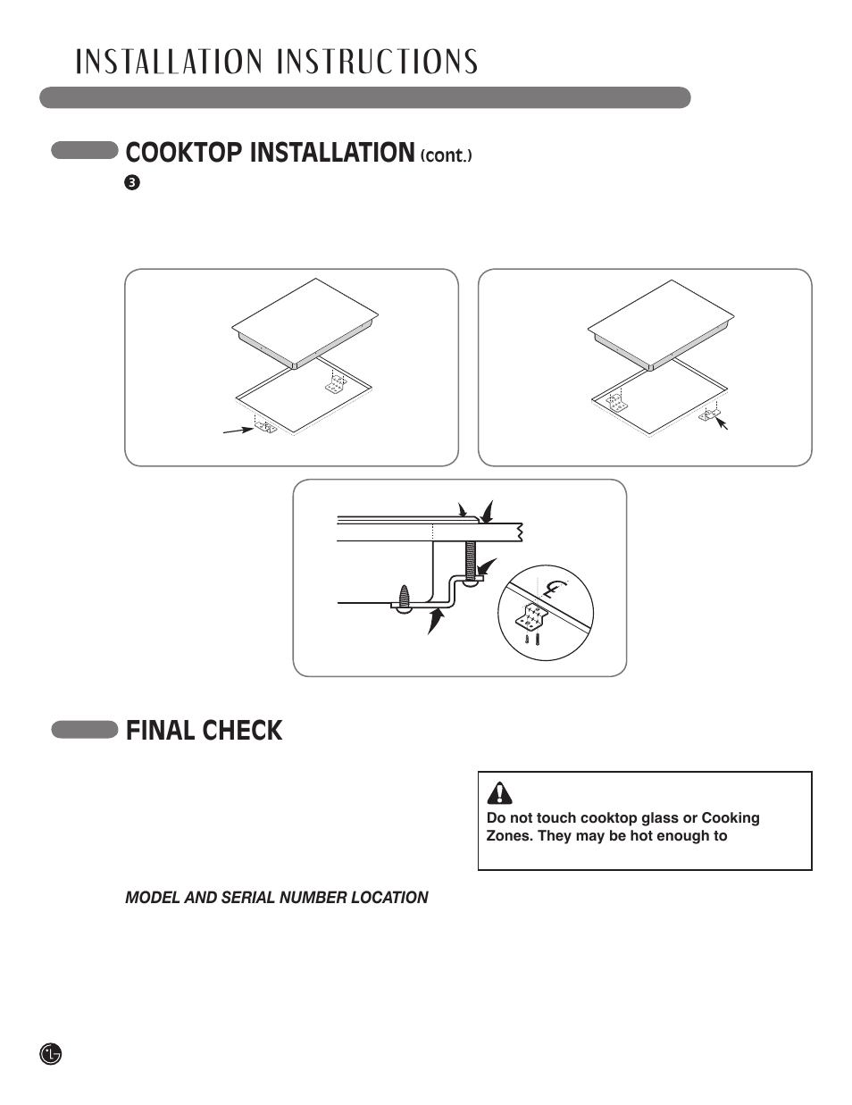 Cooktop installation, Final check caution | LG LSCI307ST User Manual | Page 26 / 64