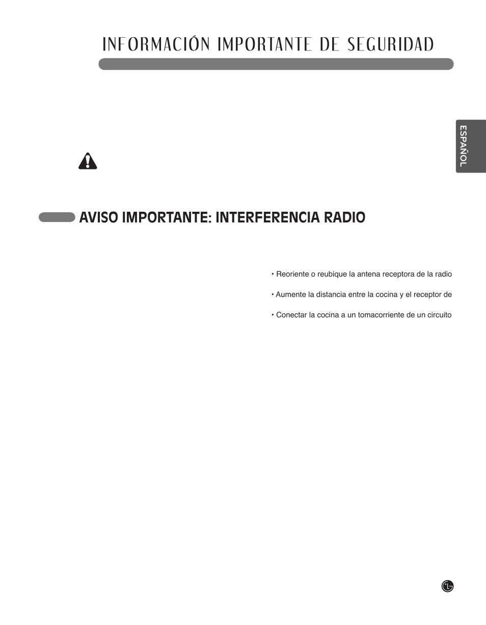 Advertencia, Lea todas las instrucciones antes de usar, Aviso importante: interferencia radio | LG LSCI307ST User Manual | Page 33 / 64