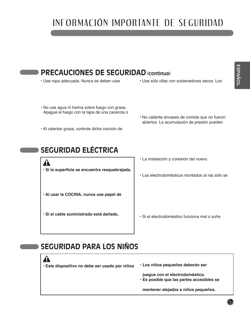 Lea todas las instrucciones antes de usar, Precauciones de seguridad, Advertencia | LG LSCI307ST User Manual | Page 35 / 64