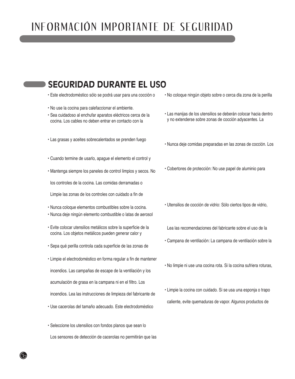 Lea todas las instrucciones antes de usar, Seguridad durante el uso | LG LSCI307ST User Manual | Page 36 / 64
