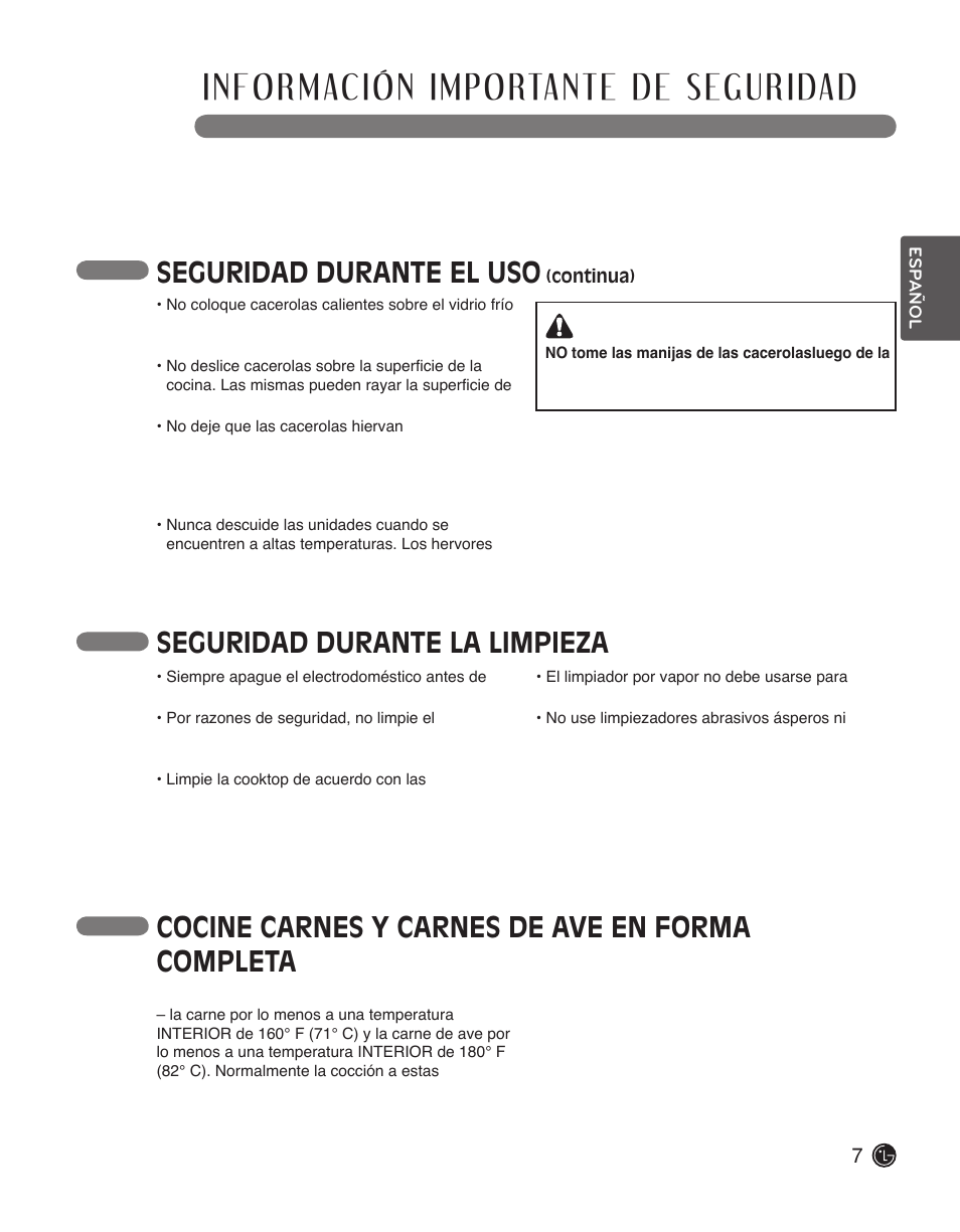Lea todas las instrucciones antes de usar, Seguridad durante el uso, Precaución | LG LSCI307ST User Manual | Page 37 / 64