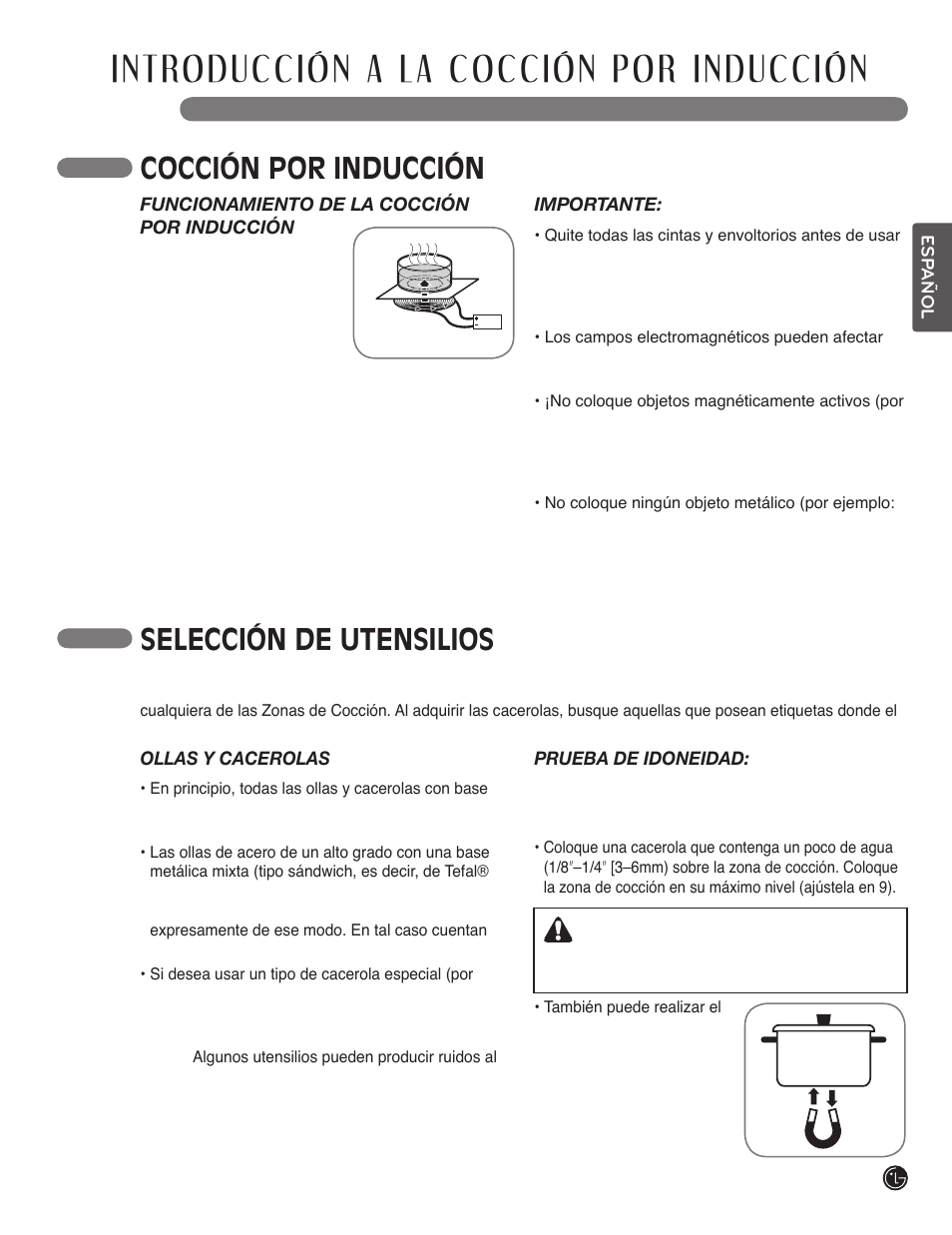 Cocción por inducción selección de utensilios, Precaución | LG LSCI307ST User Manual | Page 39 / 64