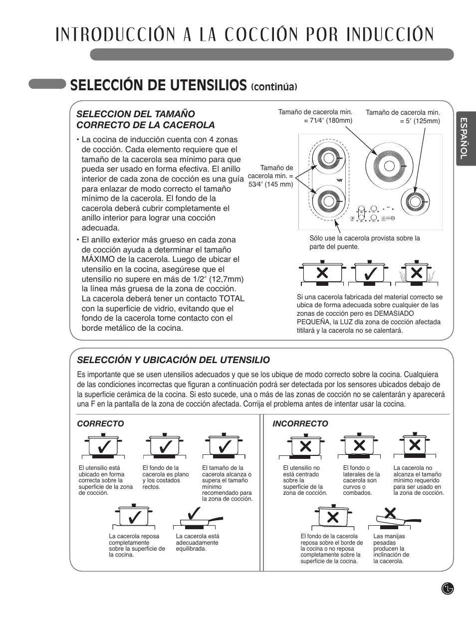 Selección de utensilios, Esp añol, Selección y ubicación del utensilio | LG LSCI307ST User Manual | Page 41 / 64