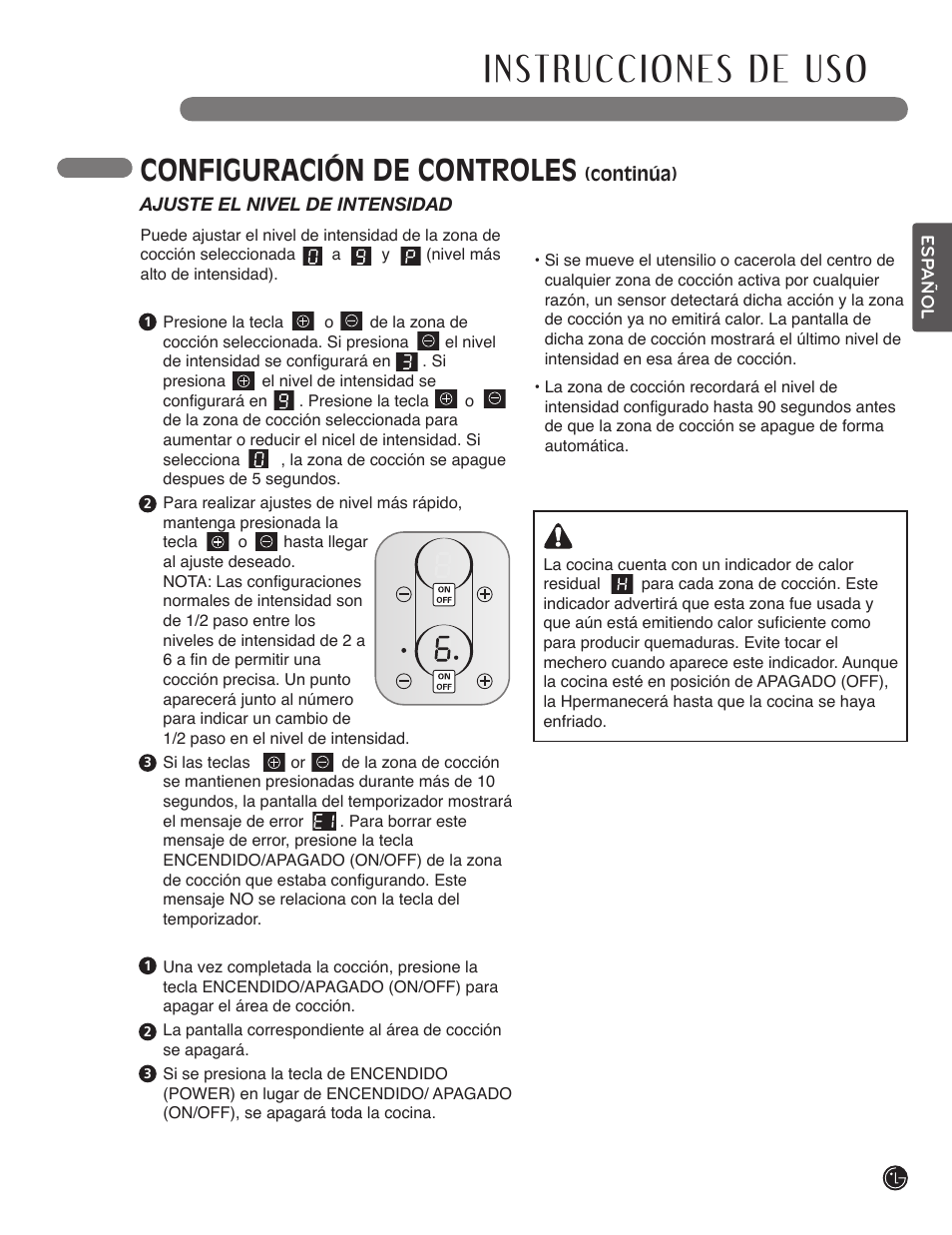 Configuración de controles, Advertencia | LG LSCI307ST User Manual | Page 45 / 64